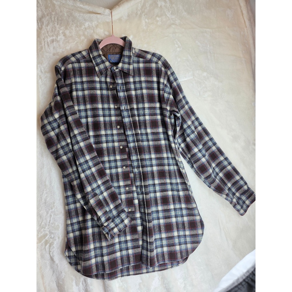 Pendleton Wool Plaid Tall Button Down Shirt Mens L Long Sleeve Pure Virgin Wool